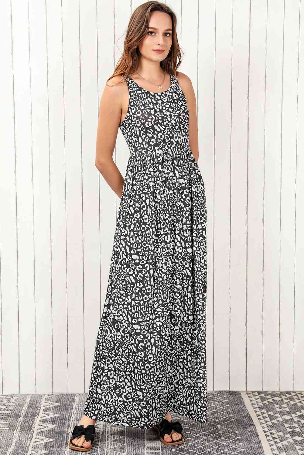 Leopard Round Neck Sleeveless Maxi Dress - TRENDMELO