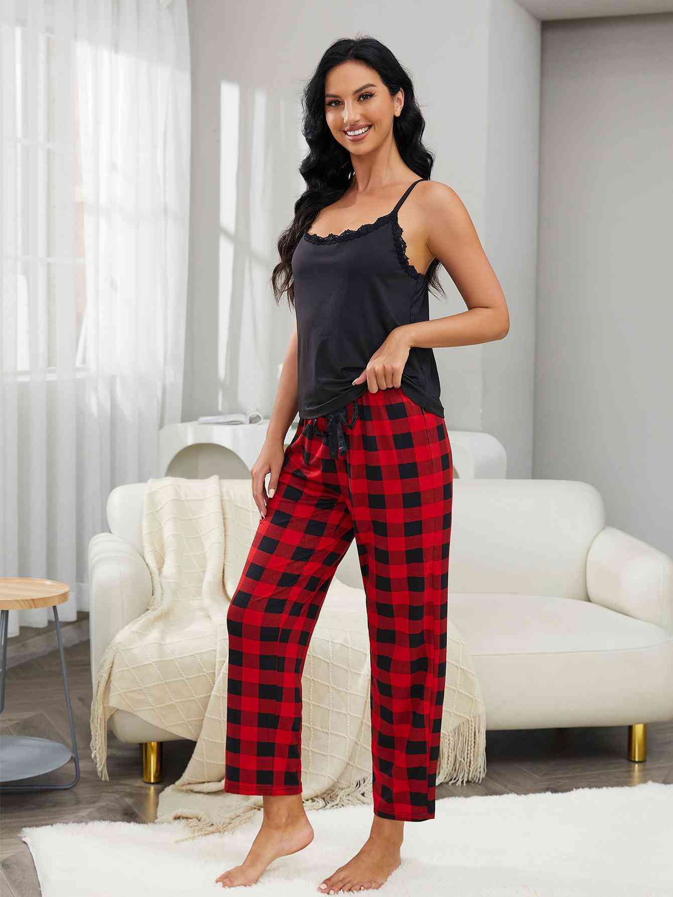 Lace Trim Cami and Plaid Pants Lounge Set - TRENDMELO