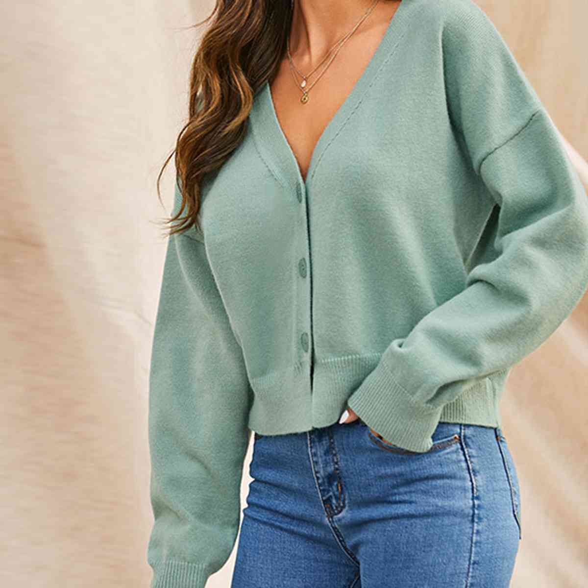 V-Neck Button Up Long Sleeve Cardigan - TRENDMELO