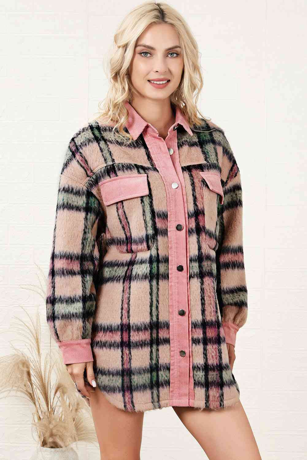 Plaid Button Down Drop Shoulder Jacket - TRENDMELO