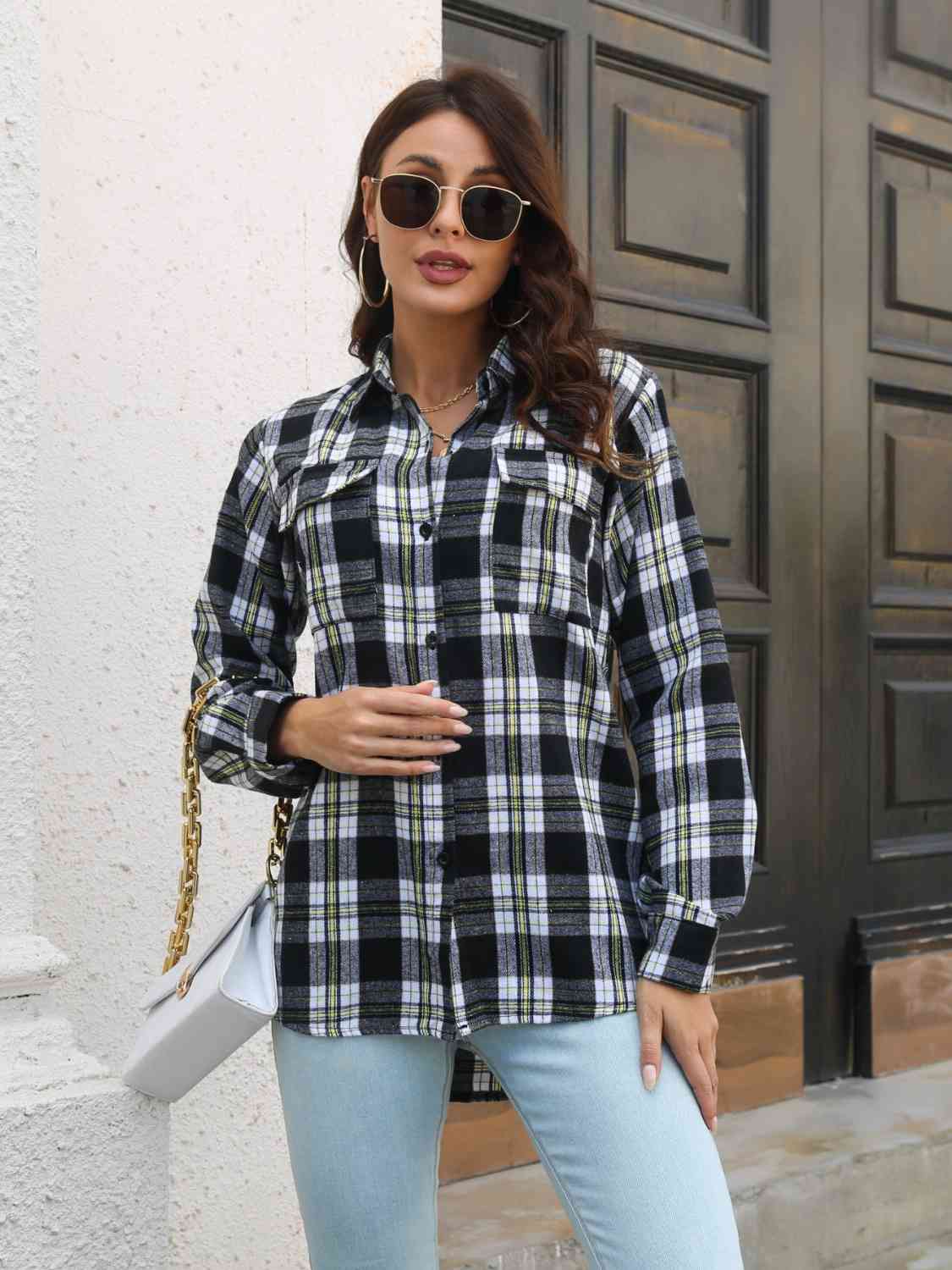 Plaid Collared Neck Buttoned Shirt with Pockets - TRENDMELO