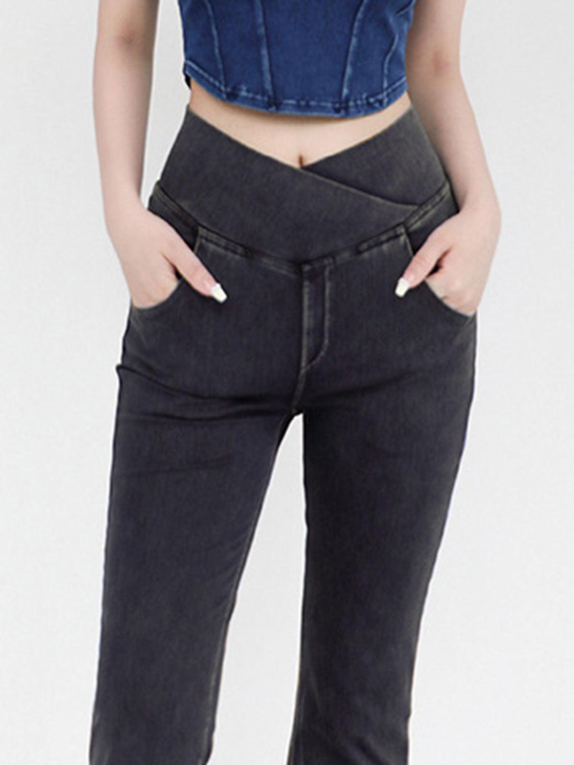 Wide Waistband Bootcut Jeans with Pockets - TRENDMELO