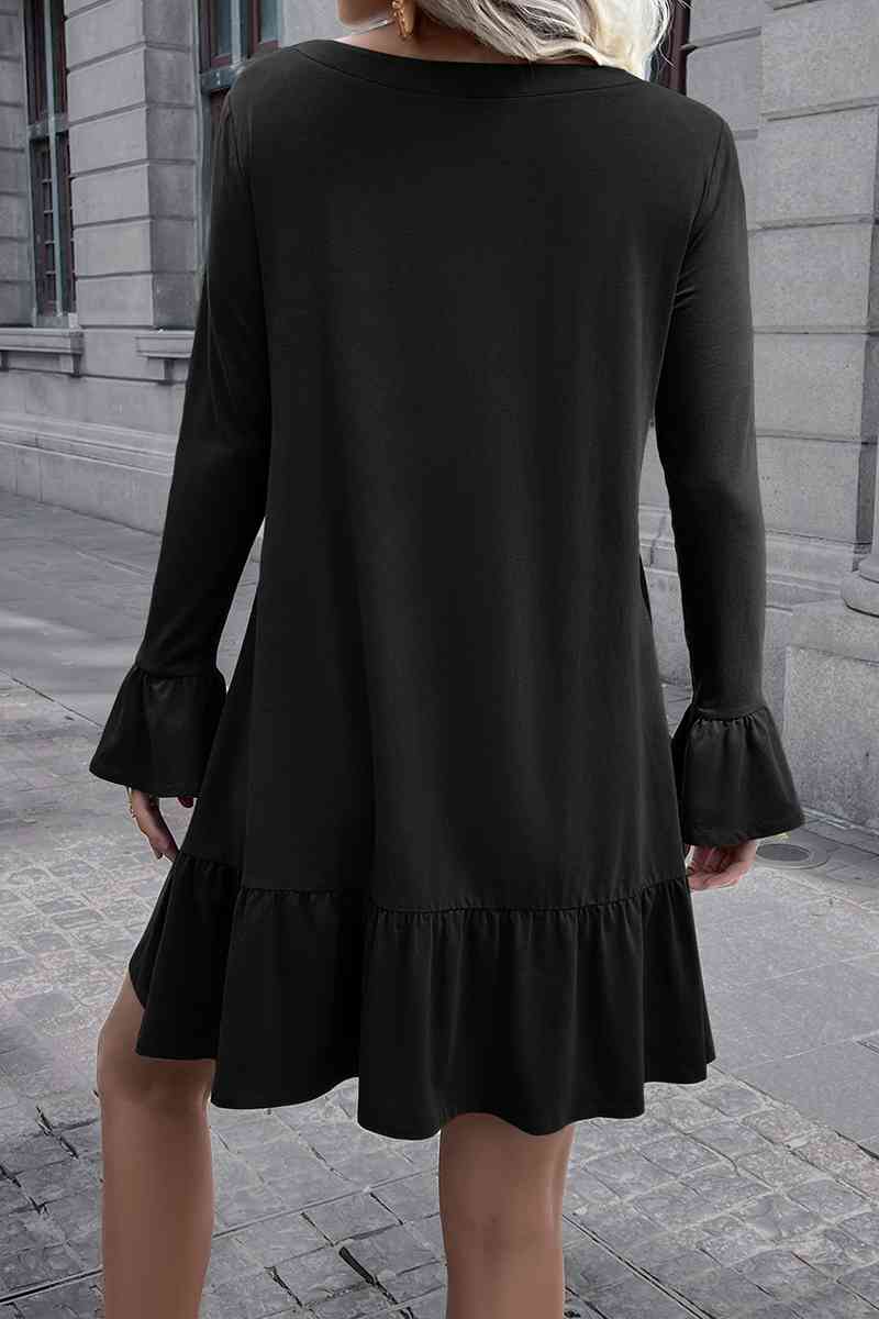 V-Neck Flounce Sleeve Ruffle Hem Mini Dress - TRENDMELO