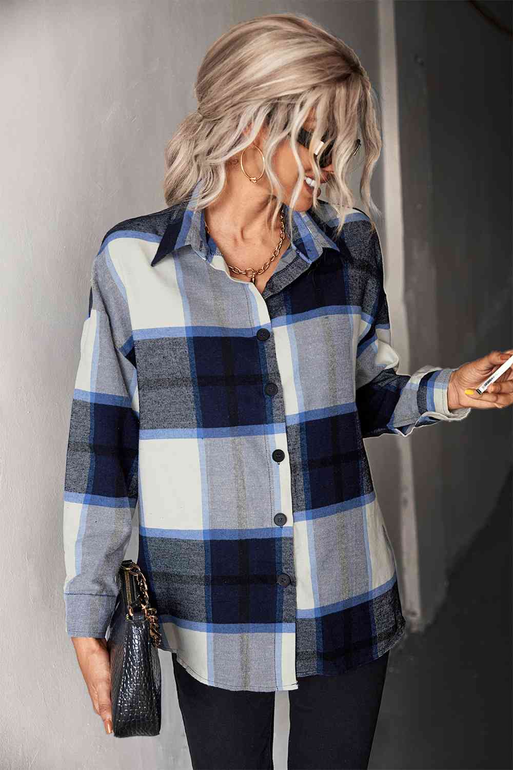 Plaid Collared Neck Longline Shirt - TRENDMELO