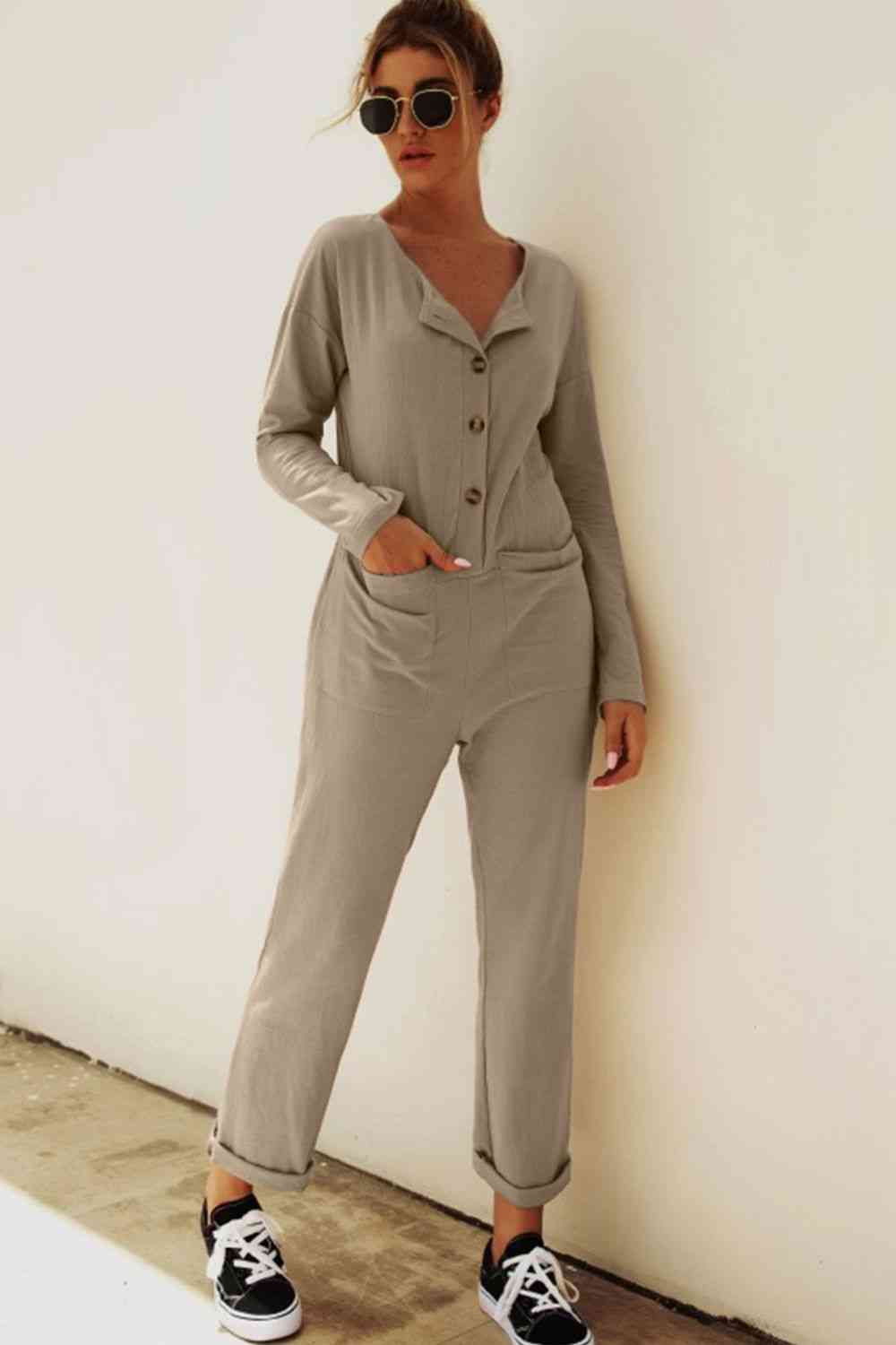 Buttoned Drop Shoulder Pocket Jumpsuit - TRENDMELO