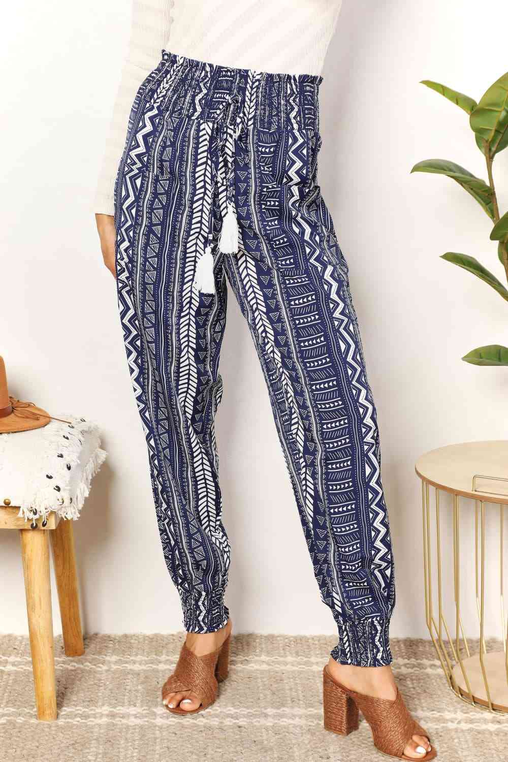 Double Take Geometric Print Tassel High-Rise Pants - TRENDMELO