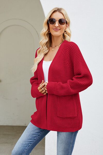 Open Front Raglan Sleeve Pocketed Cardigan - TRENDMELO