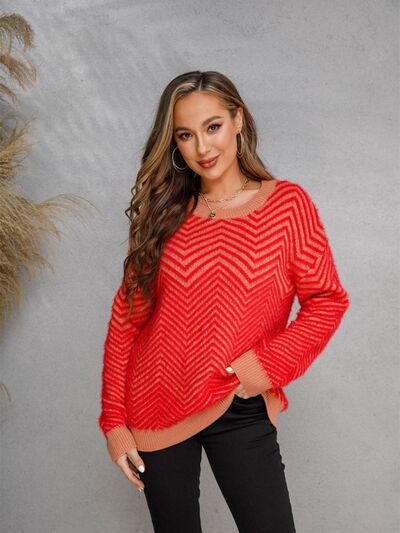 Striped Round Neck Dropped Shoulder Sweater - TRENDMELO