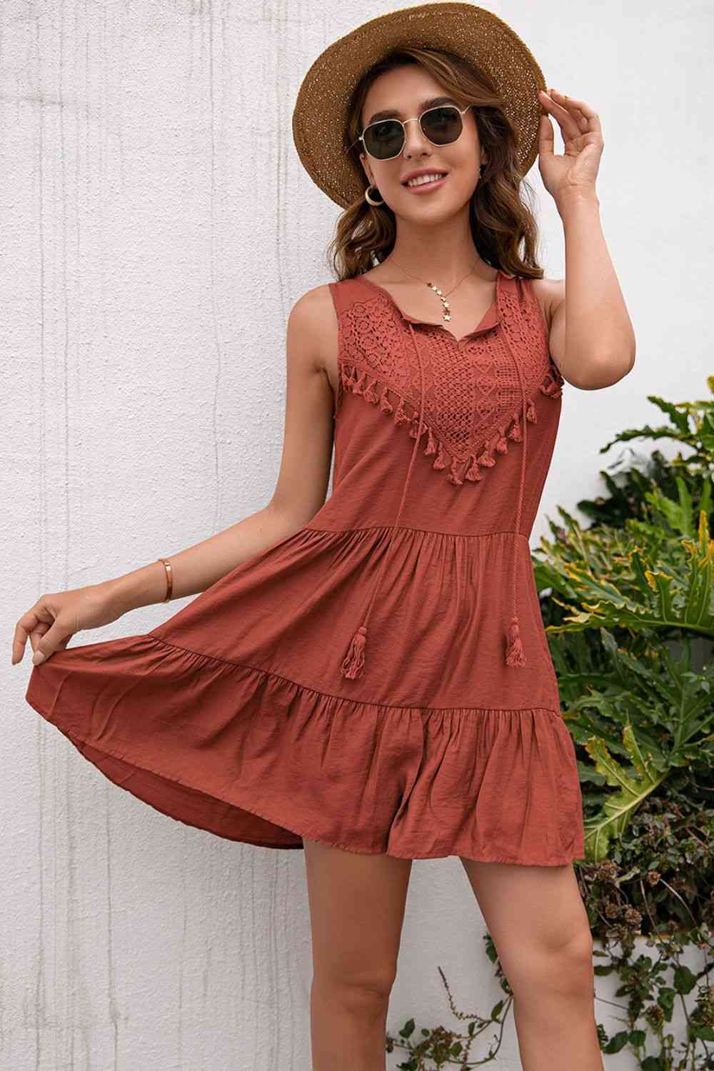 Tassel Tie Lace Trim Sleeveless Dress - TRENDMELO