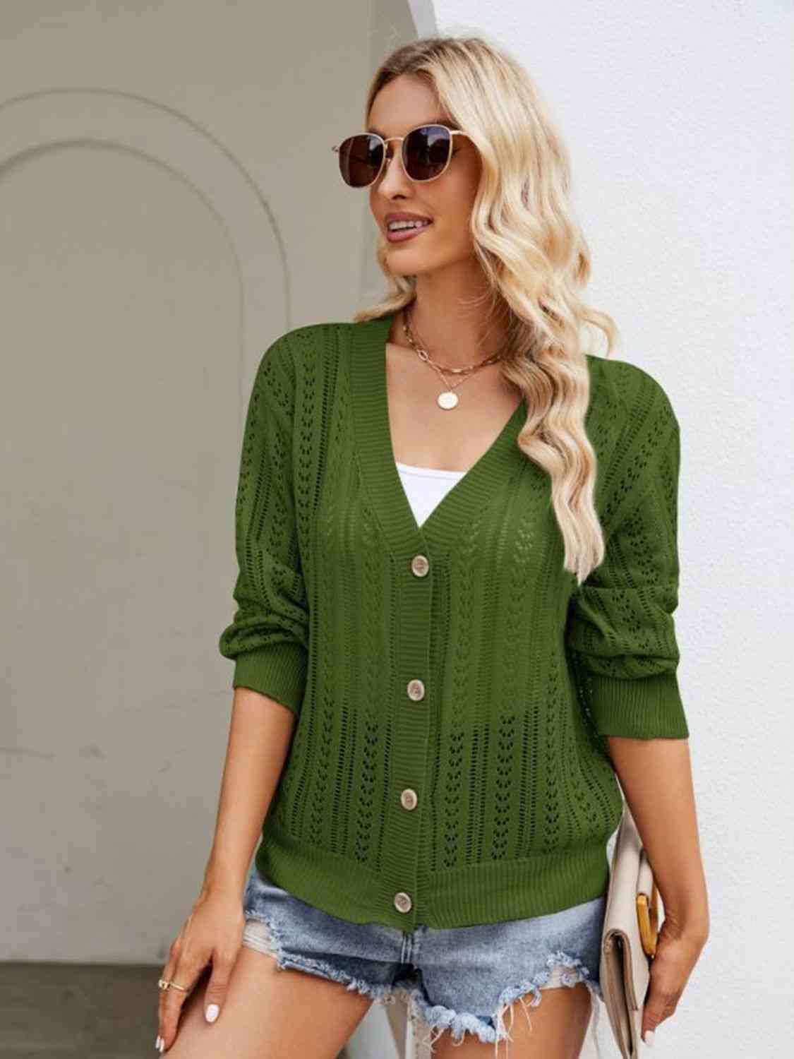 Button Down Ribbed Trim Cardigan - TRENDMELO