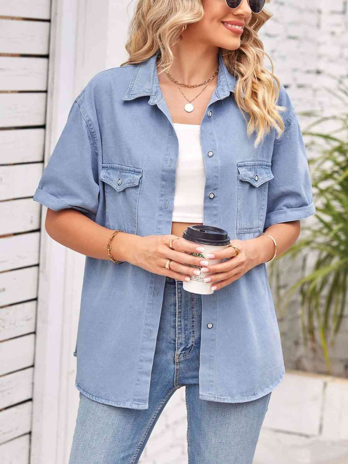Collared Neck Short Sleeve Denim Jacket - TRENDMELO