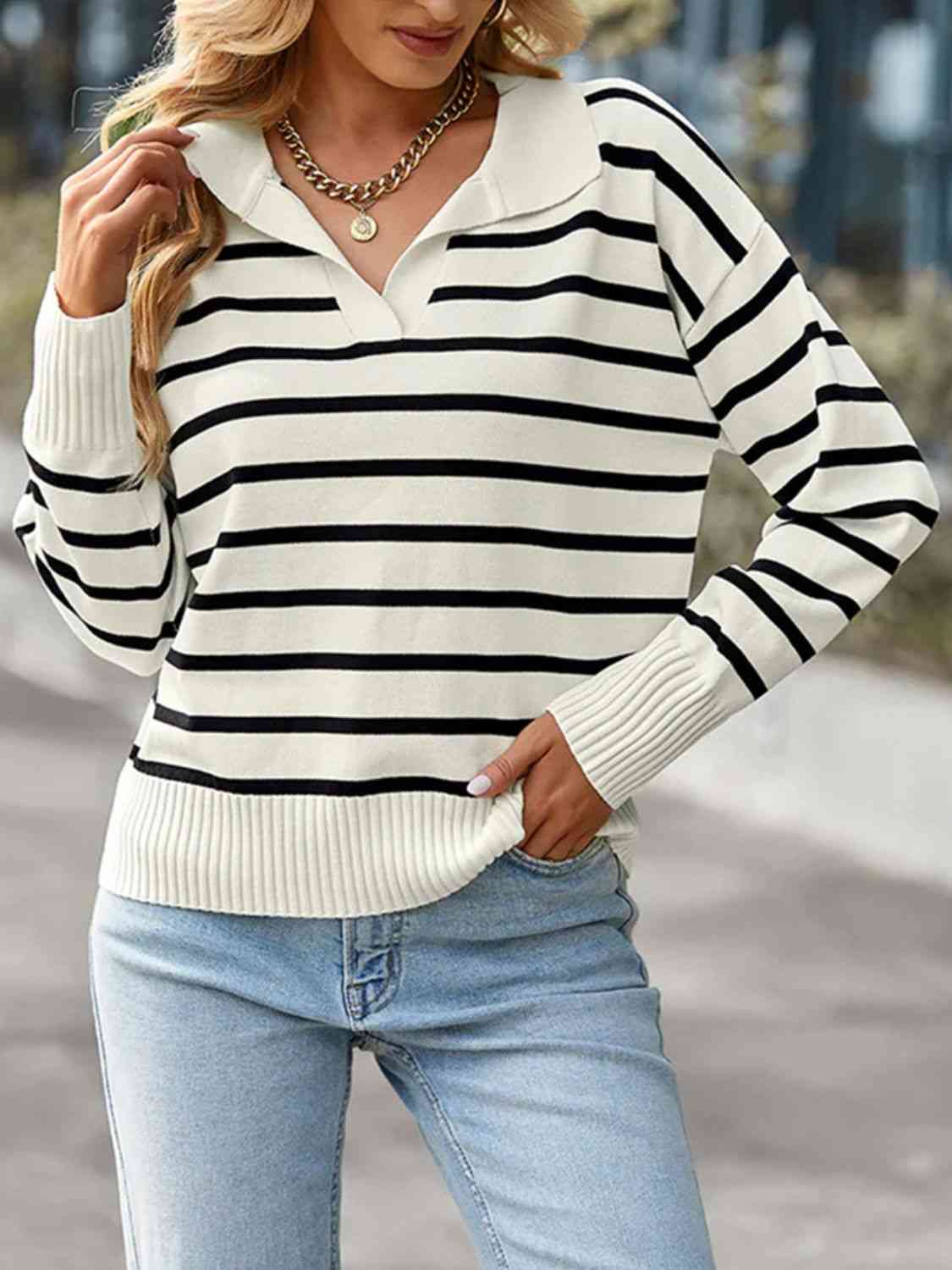 Striped Collared Neck Knit Top - TRENDMELO