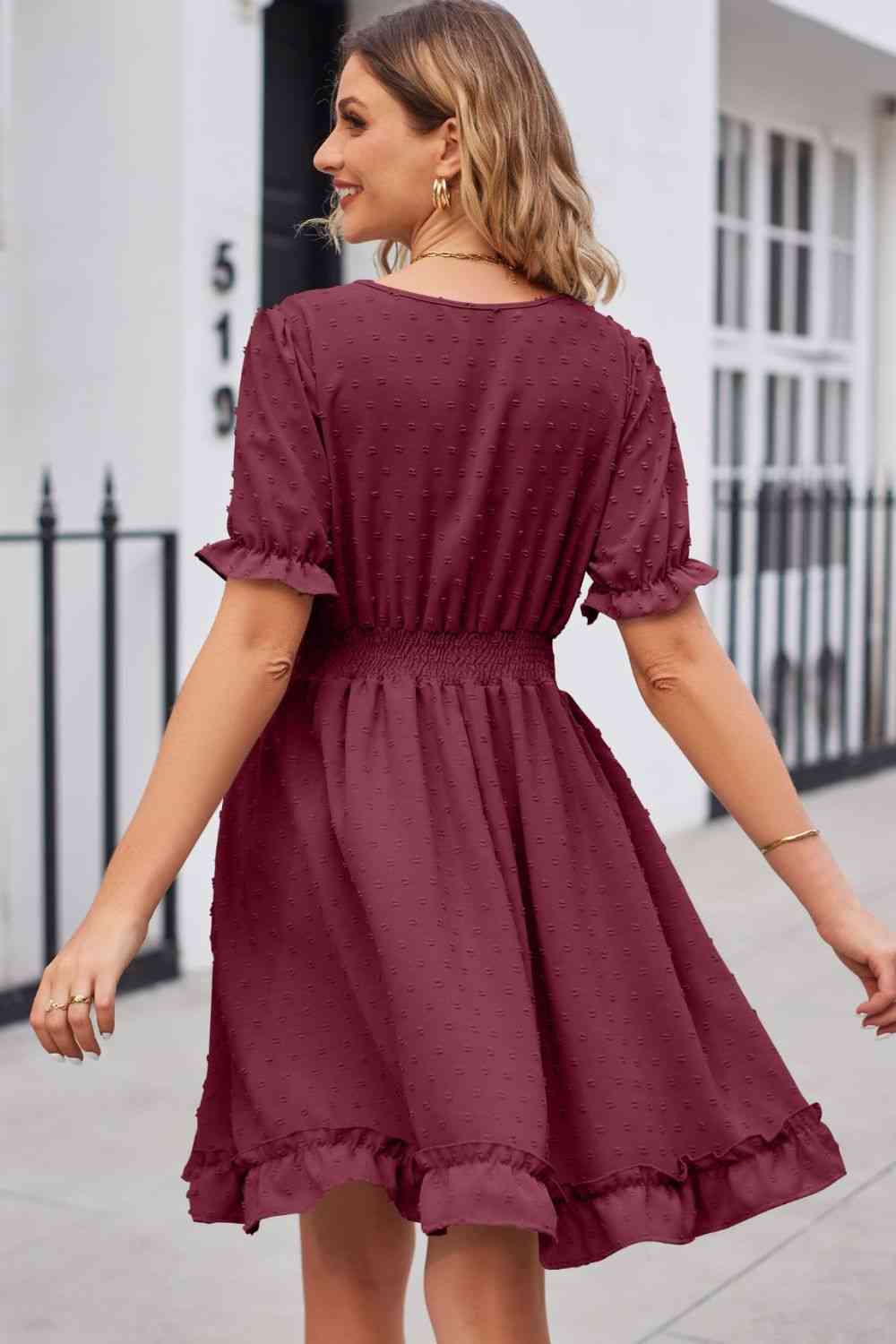 Swiss Dot Frill Trim Flounce Sleeve V-Neck Dress - TRENDMELO