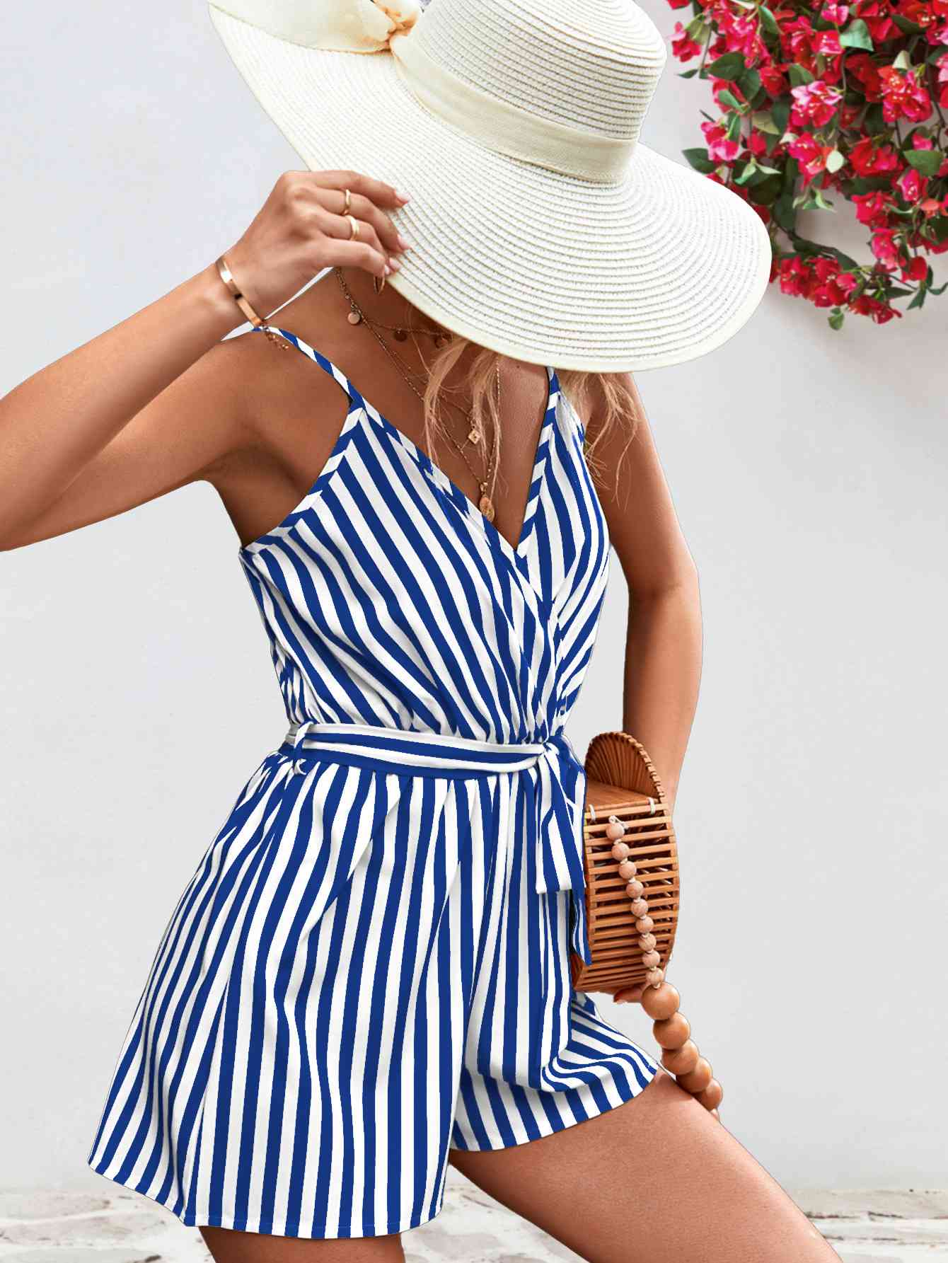 Striped Tie Waist Spaghetti Strap Romper - TRENDMELO