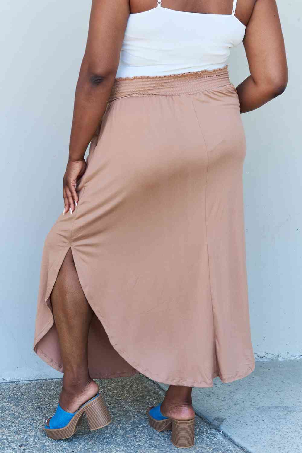 Doublju Comfort Princess Full Size High Waist Scoop Hem Maxi Skirt in Tan - TRENDMELO