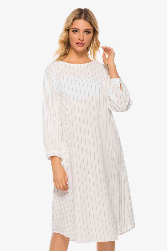 Pinstripe Tie Waist Round Neck Dress - TRENDMELO