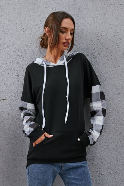 Plaid Drawstring Dropped Shoulder Hoodie - TRENDMELO