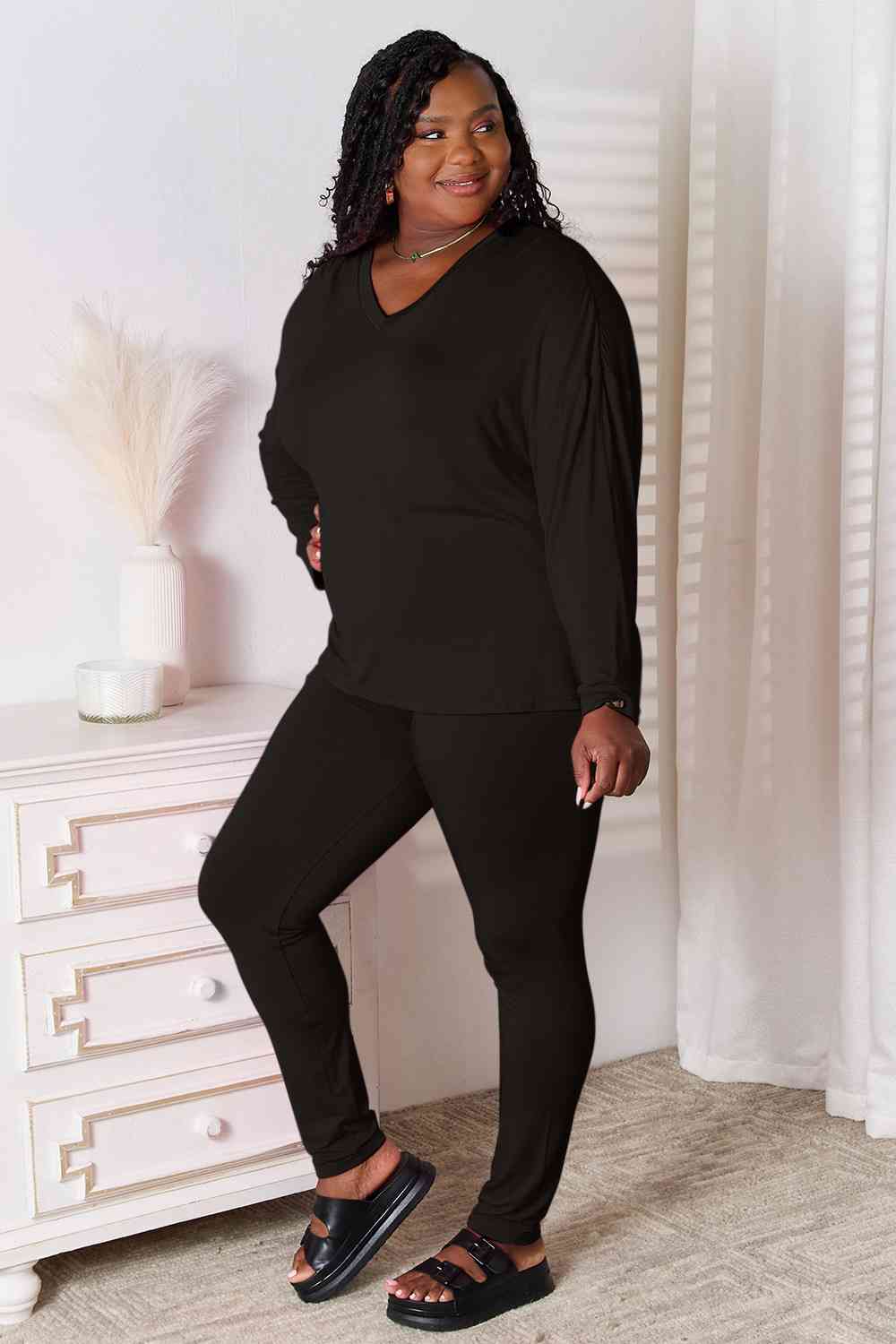 Basic Bae Full Size V-Neck Soft Rayon Long Sleeve Top and Pants Lounge Set - TRENDMELO