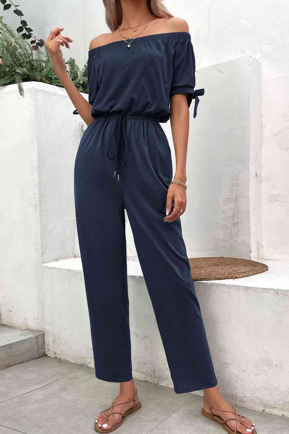 Off-Shoulder Tie Cuff Jumpsuit with Pockets - TRENDMELO