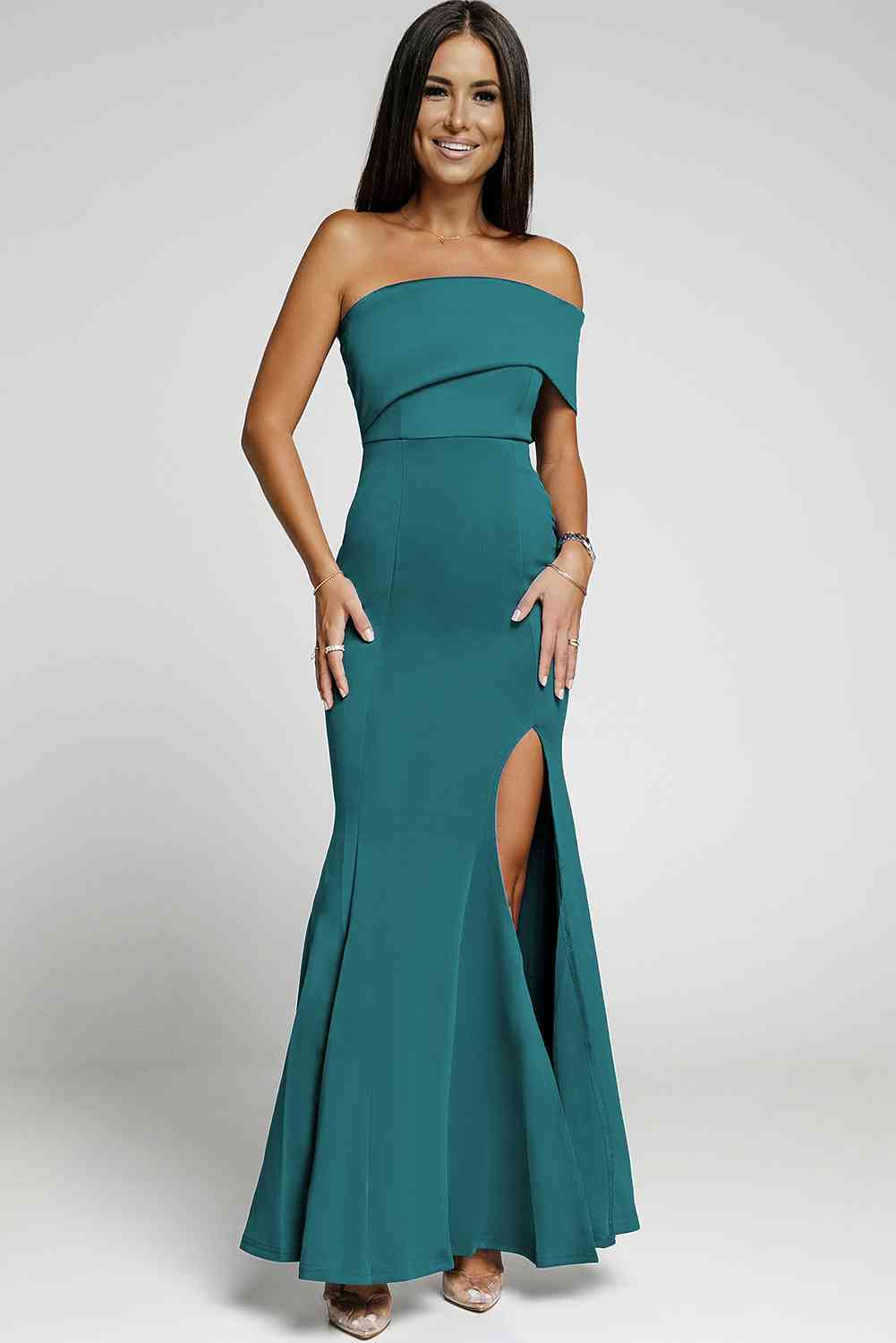 Off-Shoulder Split Fishtail Dress - TRENDMELO