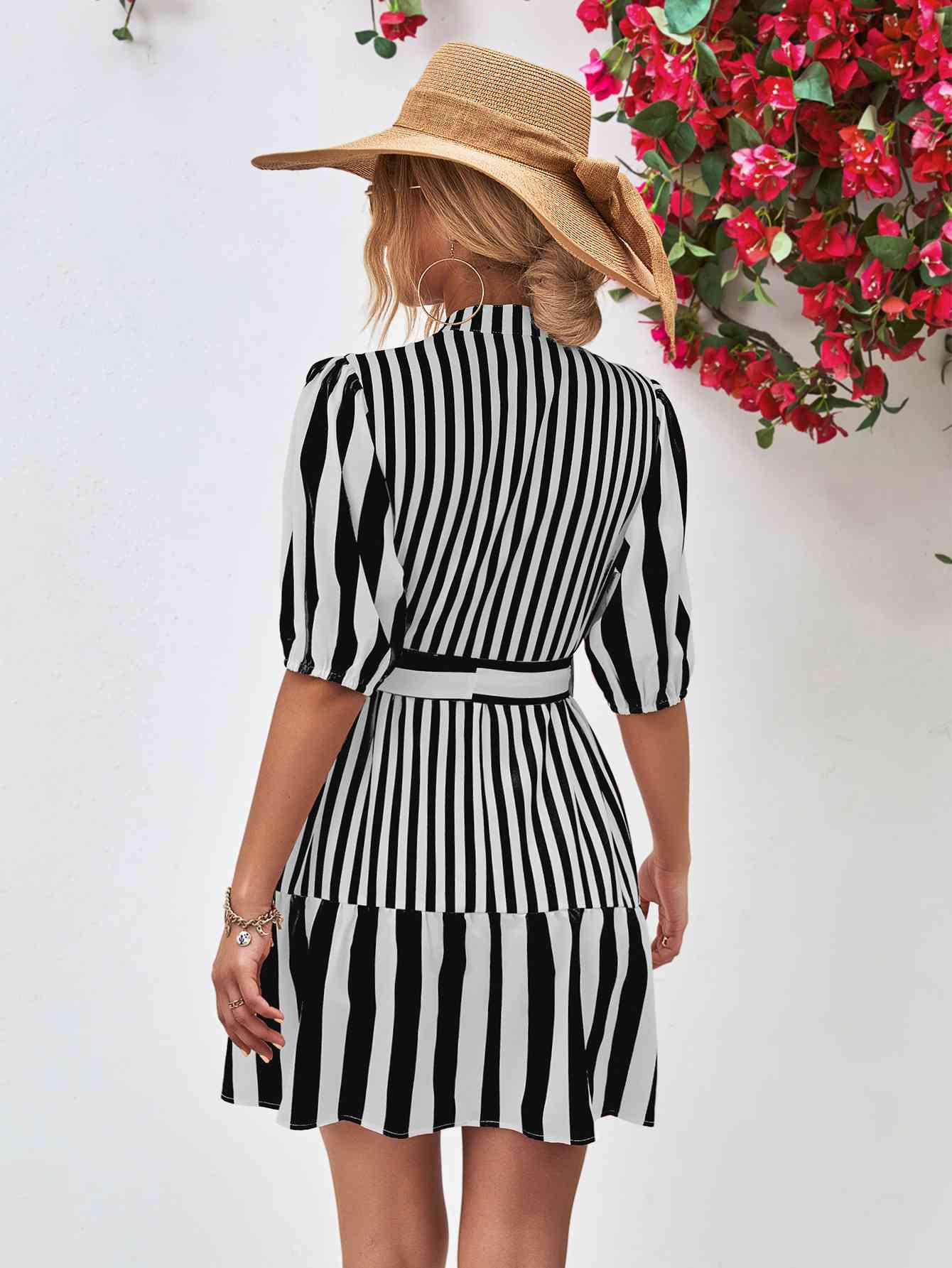 Striped Half Sleeve Tie Waist Mini Dress - TRENDMELO