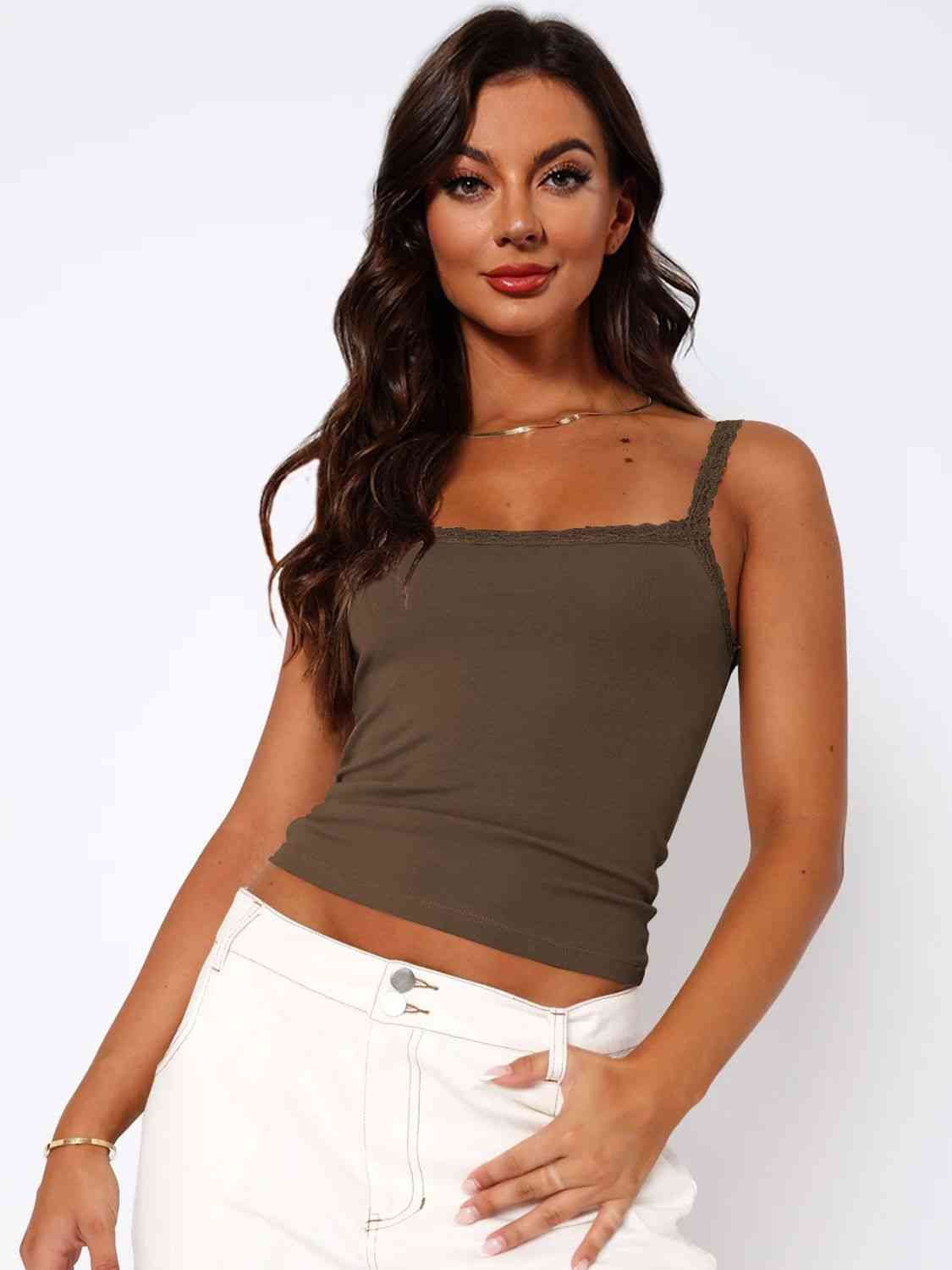 Lace Trim Straight Neck Cami - TRENDMELO