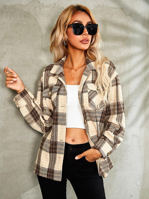 Plaid Button Down Collared Jacket - TRENDMELO