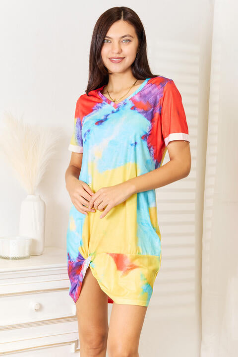 Double Take Tie-Dye V-Neck Twisted Dress - TRENDMELO