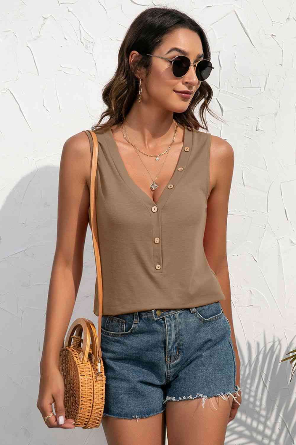 Buttoned Deep V Tank - TRENDMELO