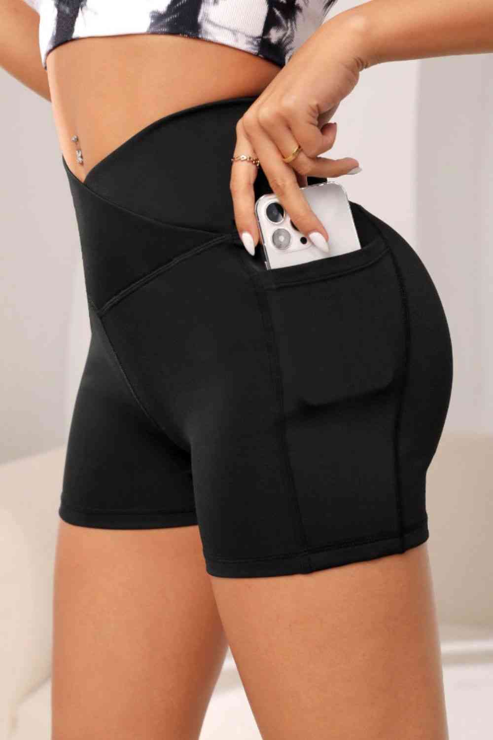 Wide Waistband Active Shorts with Pocket - TRENDMELO