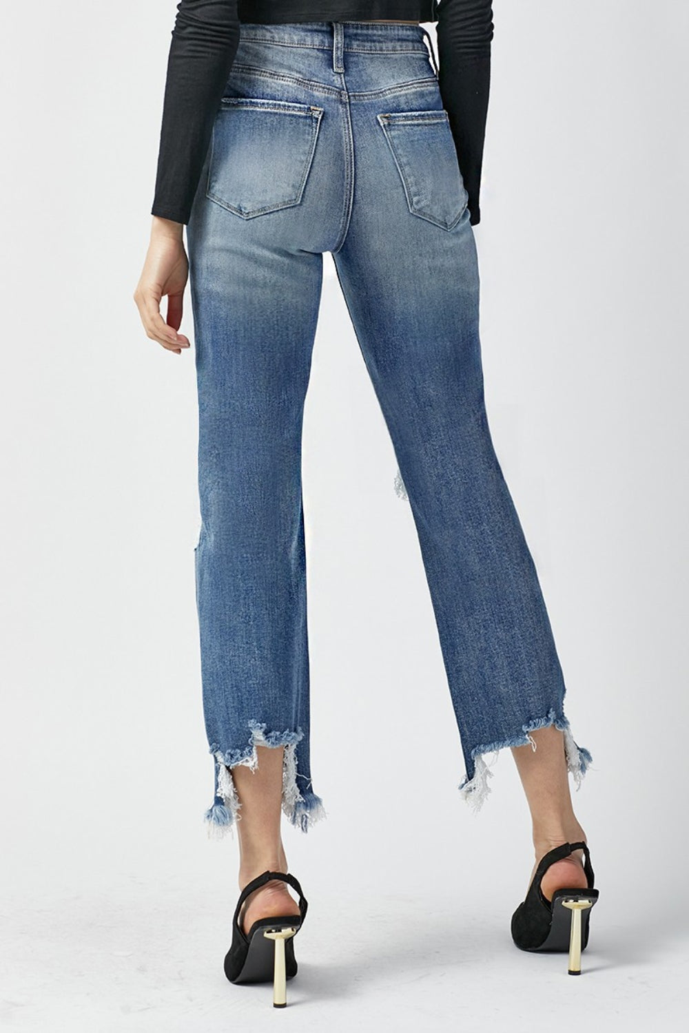 RISEN High Waist Distressed Frayed Hem Cropped Straight Jeans - TRENDMELO