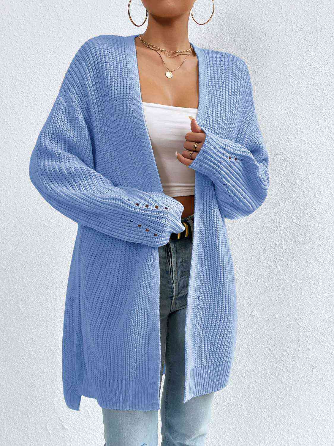 Open Front Dropped Shoulder Slit Cardigan - TRENDMELO