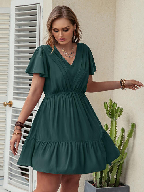 Double Take Plus Size Ruffle Hem V-Neck Short Sleeve Dress - TRENDMELO