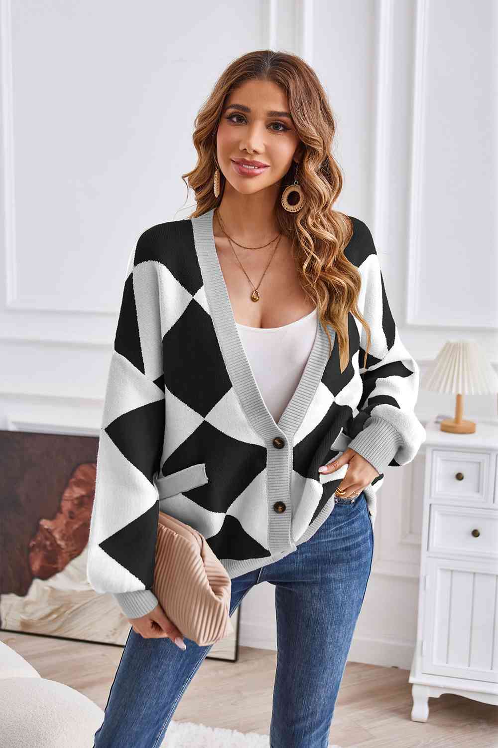 Geometric Lantern Sleeve Cardigan with Pockets - TRENDMELO