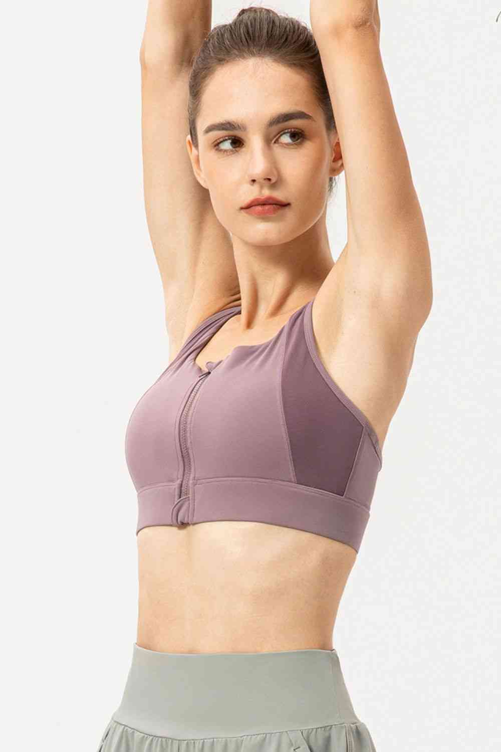 Zip-Up Round Neck Sports Bra - TRENDMELO