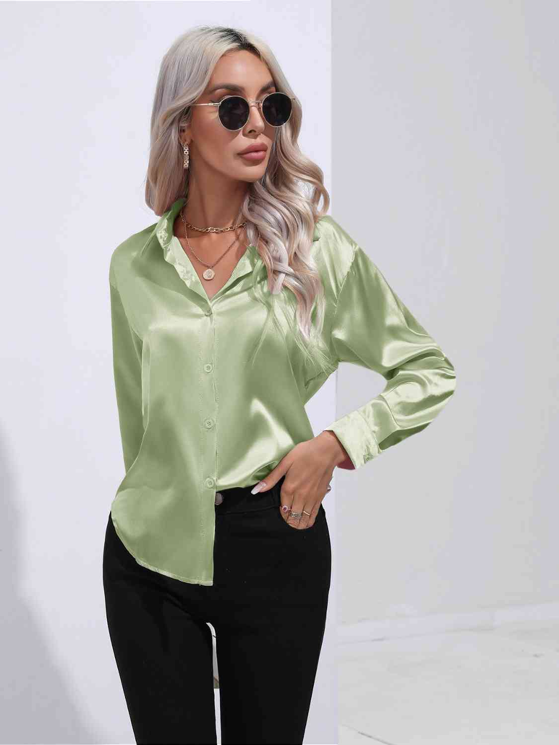 Collared Neck Buttoned Long Sleeve Shirt - TRENDMELO