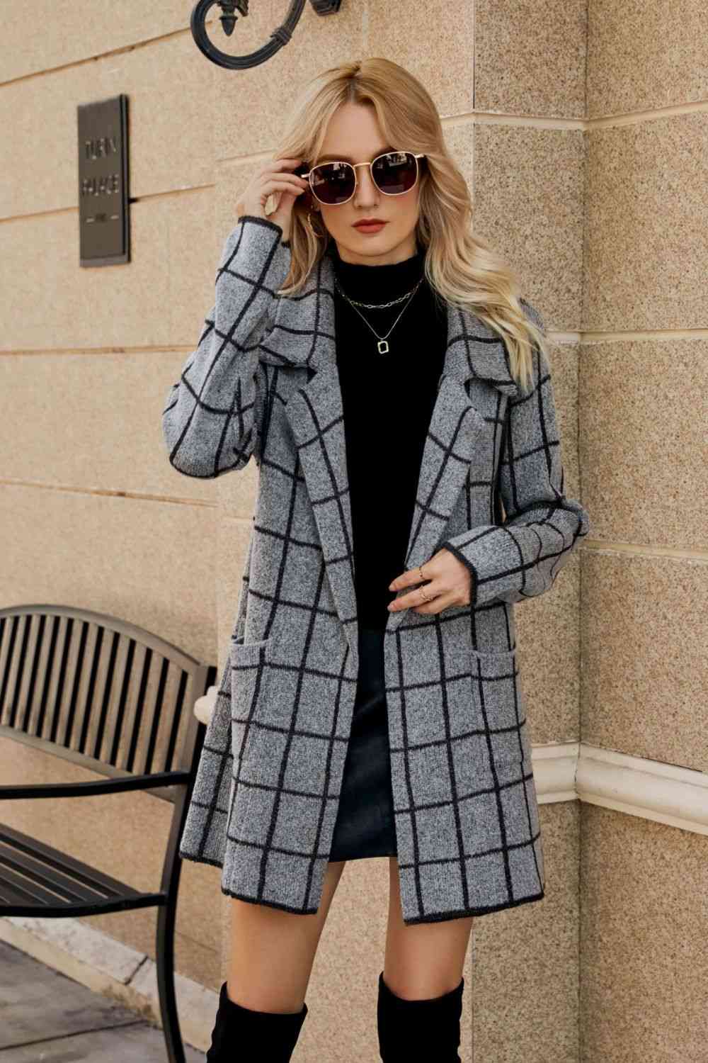 Double Take Printed Open Front Lapel Collar Cardigan with Pockets - TRENDMELO