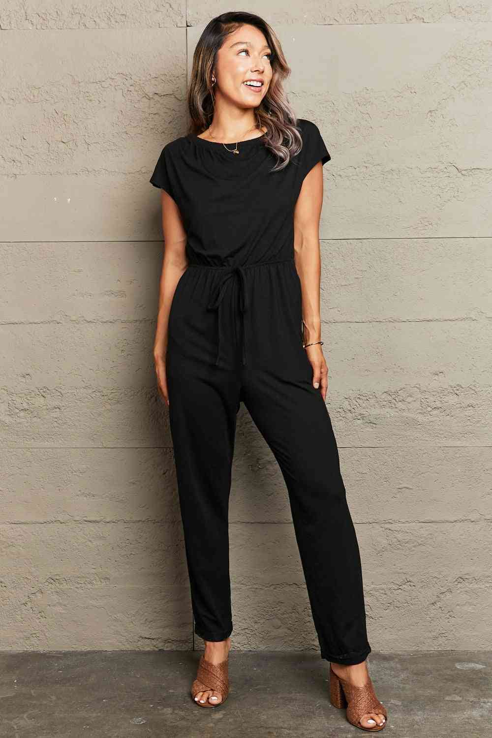 Boat Neck Short Sleeve Jumpsuit with Pockets - TRENDMELO