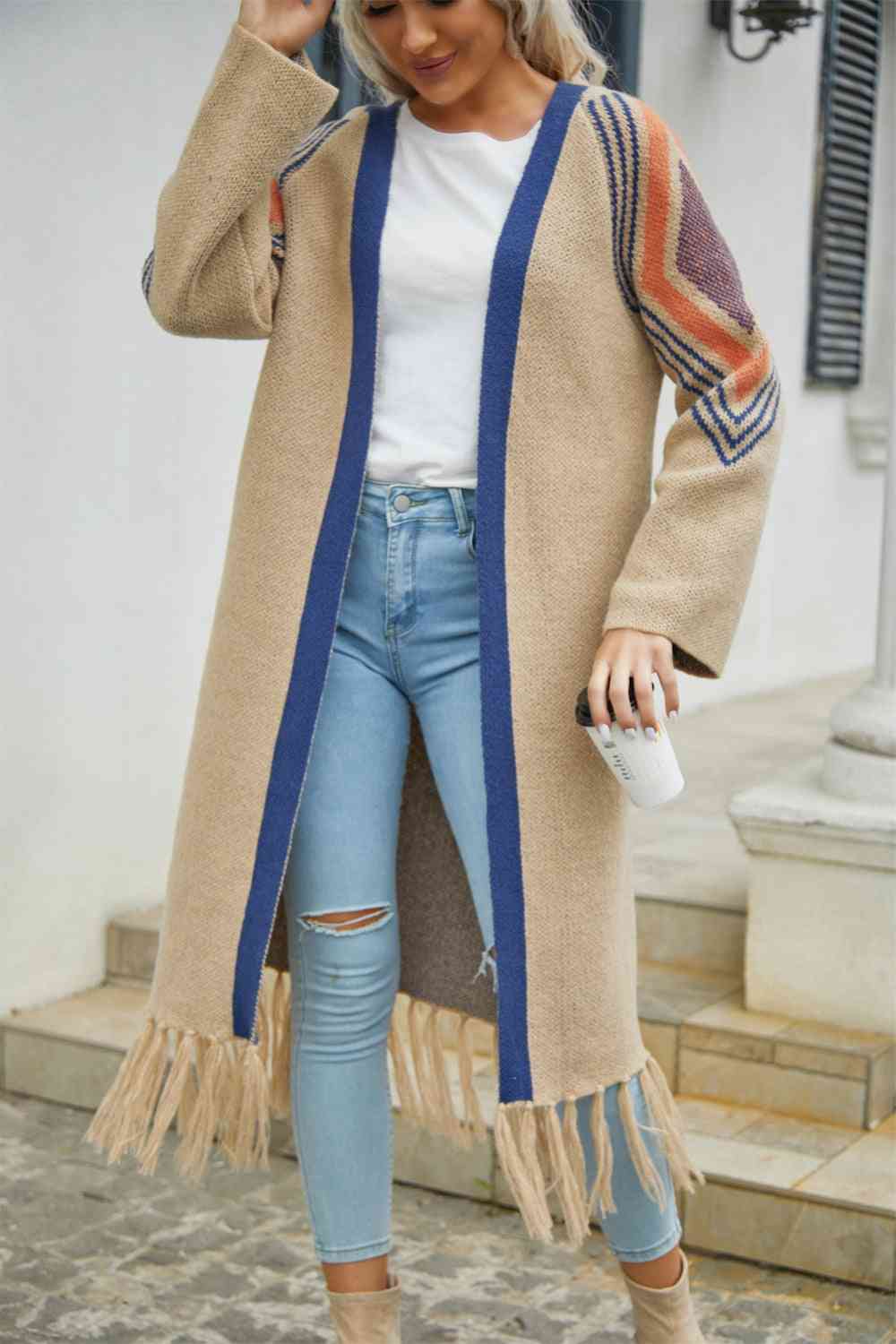 Double Take Geometric Fringe Hem Open Front Duster Cardigan - TRENDMELO