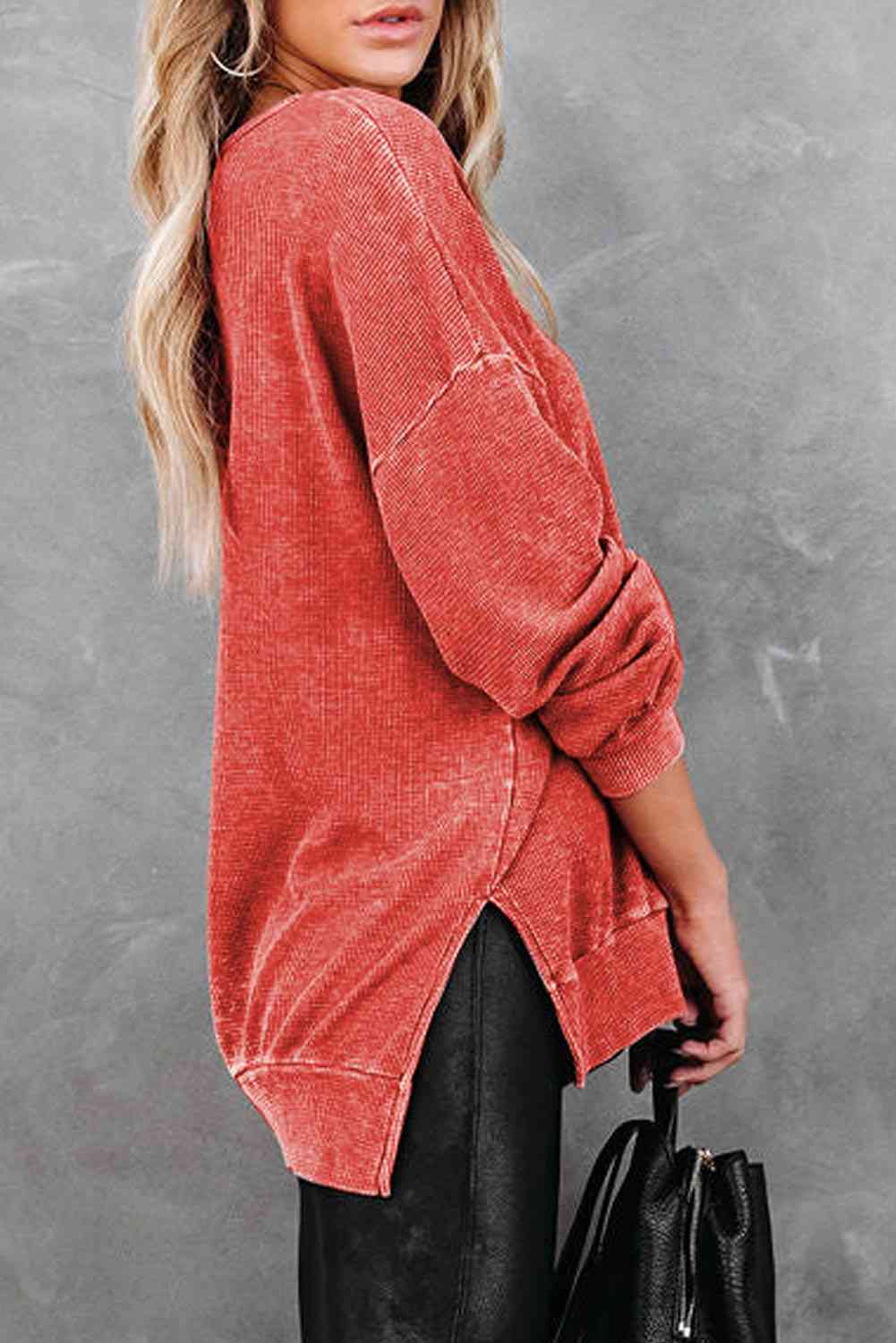 Waffle Knit Side Slit Drop Shoulder Sweatshirt - TRENDMELO