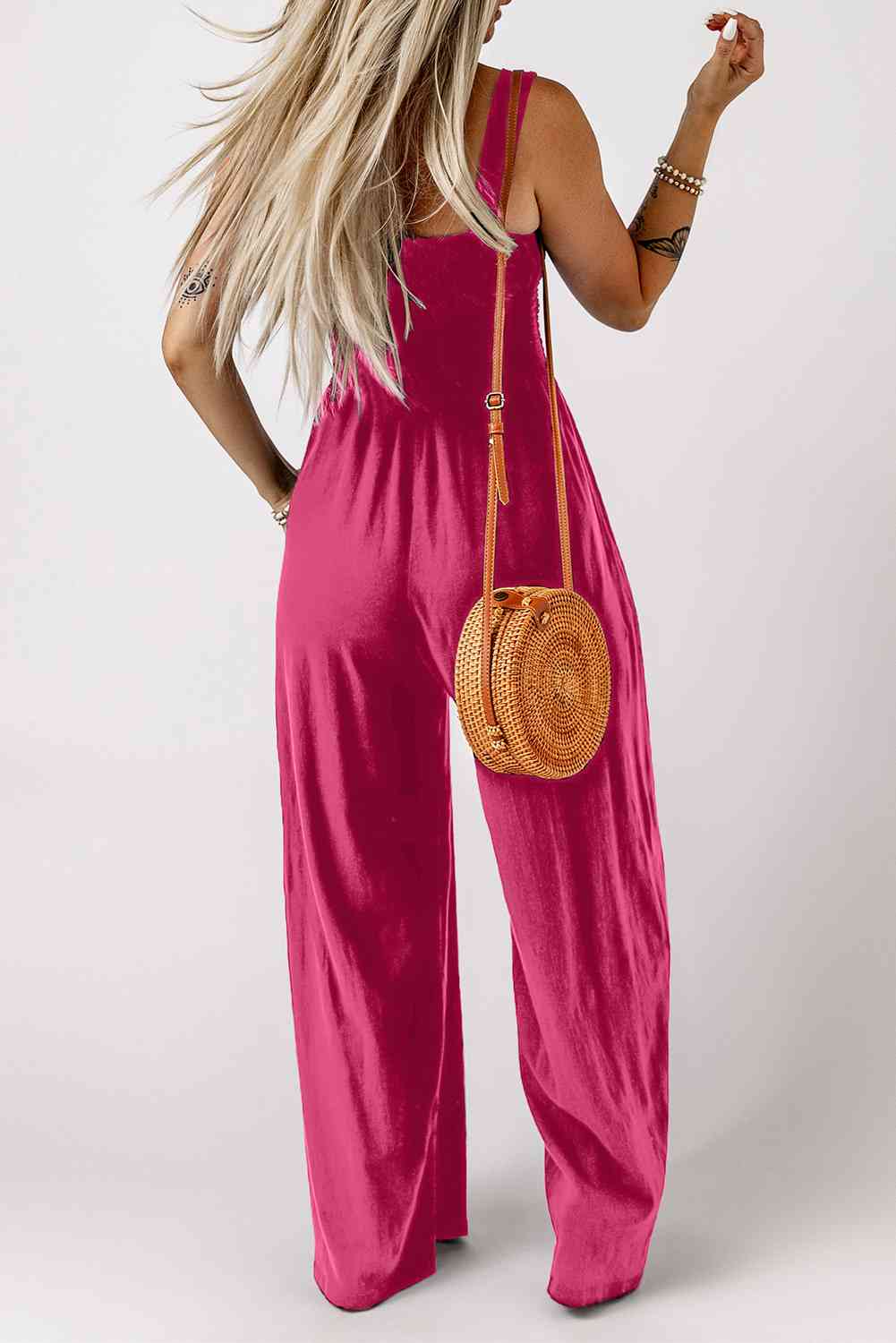 Smocked Square Neck Wide Leg Jumpsuit with Pockets - TRENDMELO