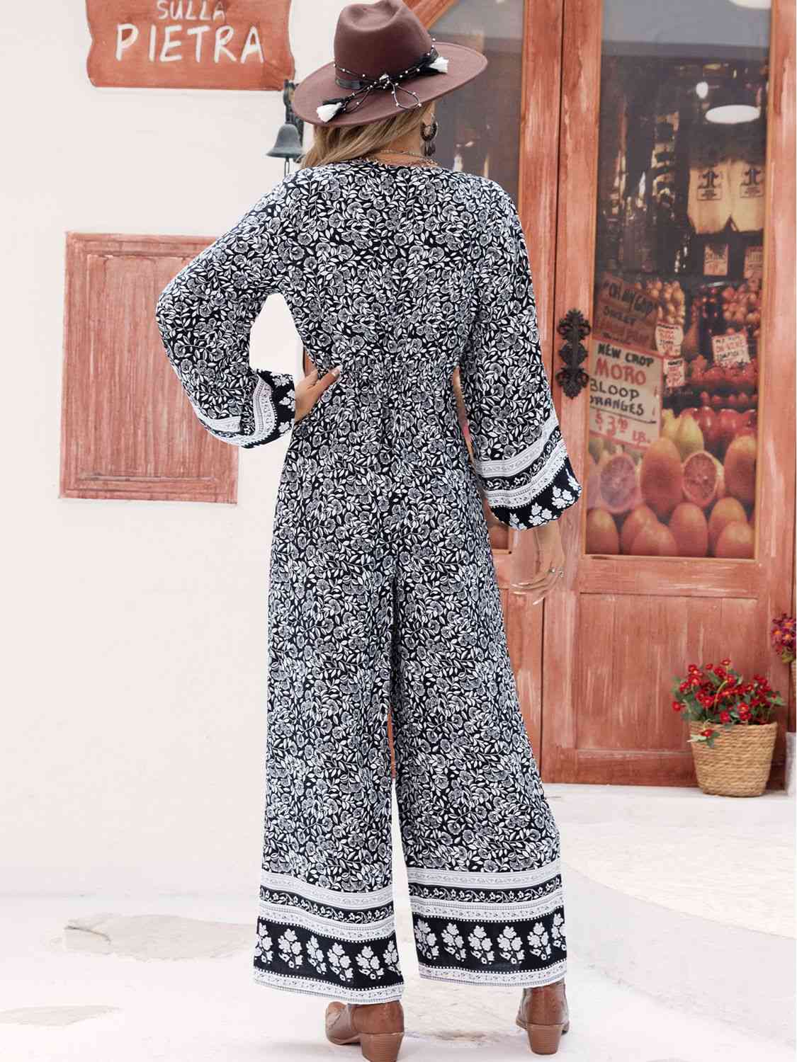 Printed Long Sleeve Wide Leg Jumpsuit - TRENDMELO