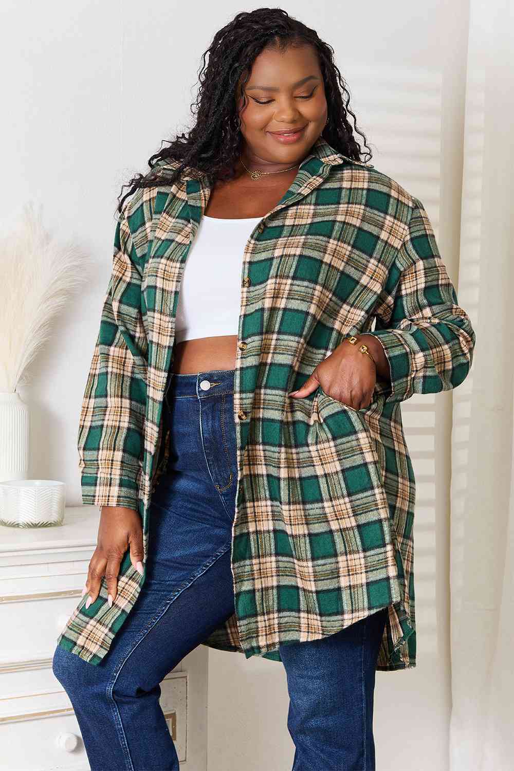 Double Take Plaid Collared Neck Long Sleeve Shirt - TRENDMELO