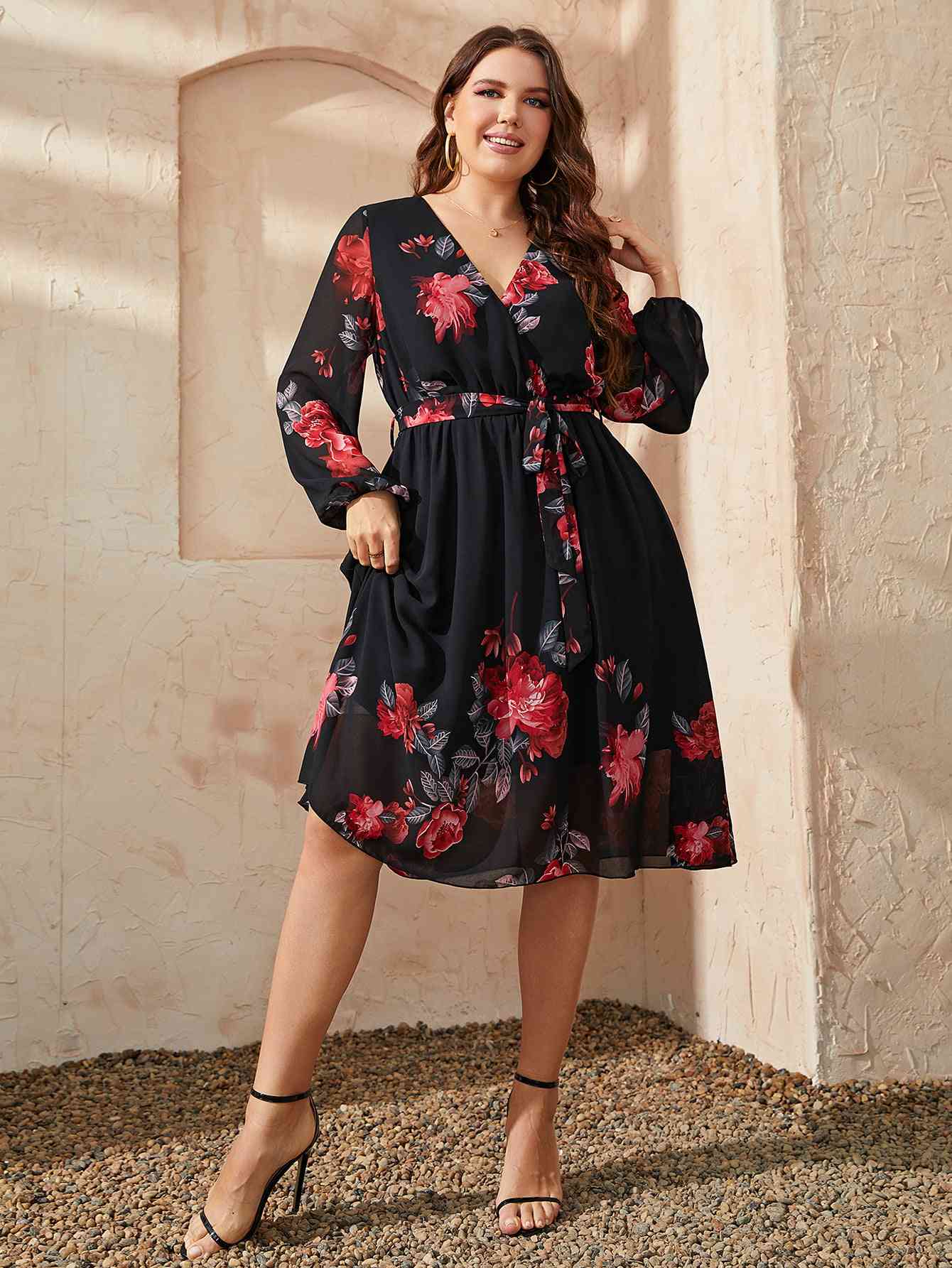 Plus Size Floral Surplice Neck Tie Waist Dress - TRENDMELO