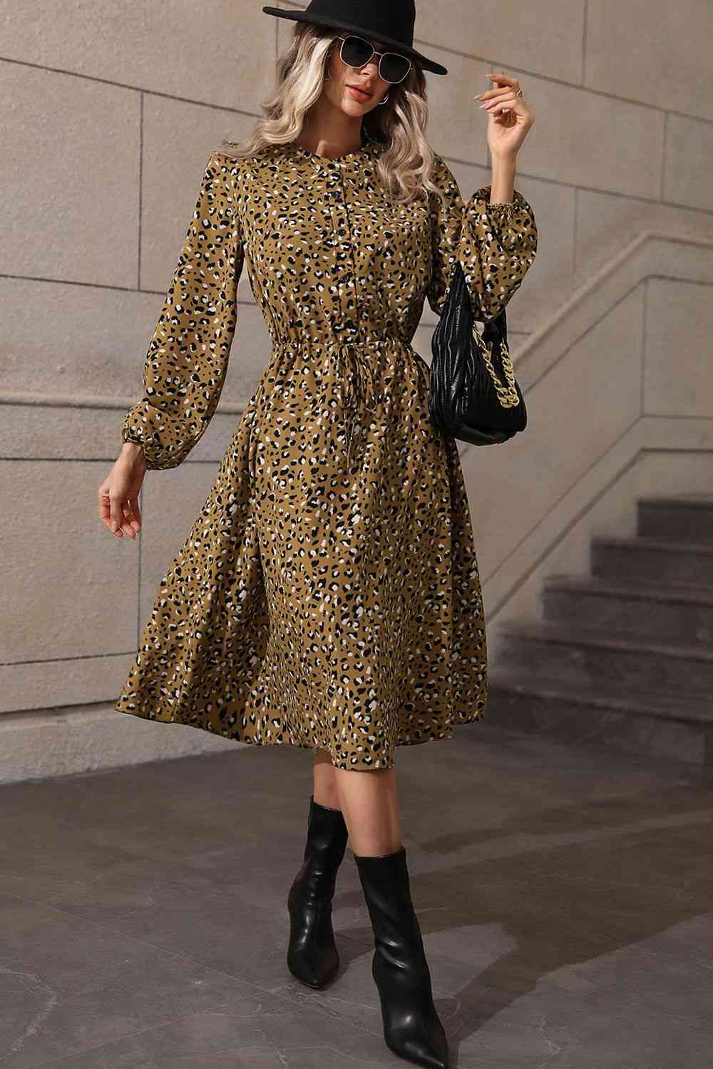 Printed Long Sleeve Midi Dress - TRENDMELO