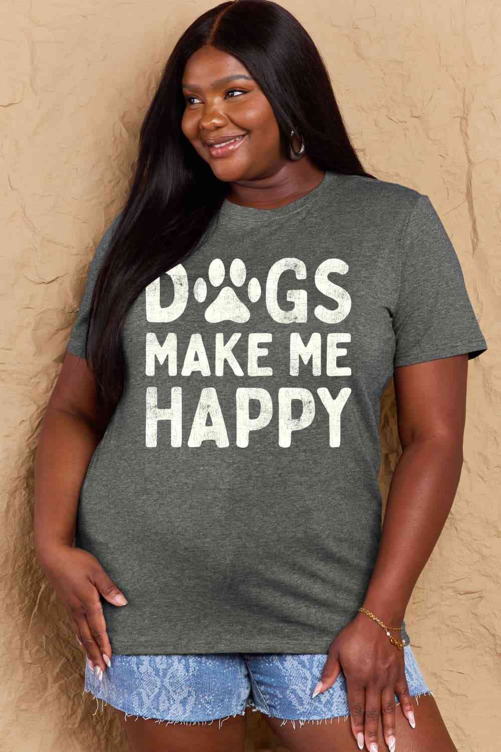 Simply Love Full Size DOGS MAKE ME HAPPY Graphic Cotton T-Shirt - TRENDMELO