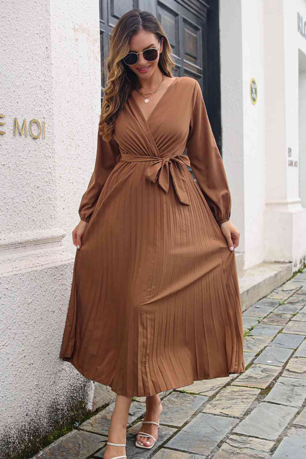 Pleated Long Sleeve Surplice Maxi Dress - TRENDMELO
