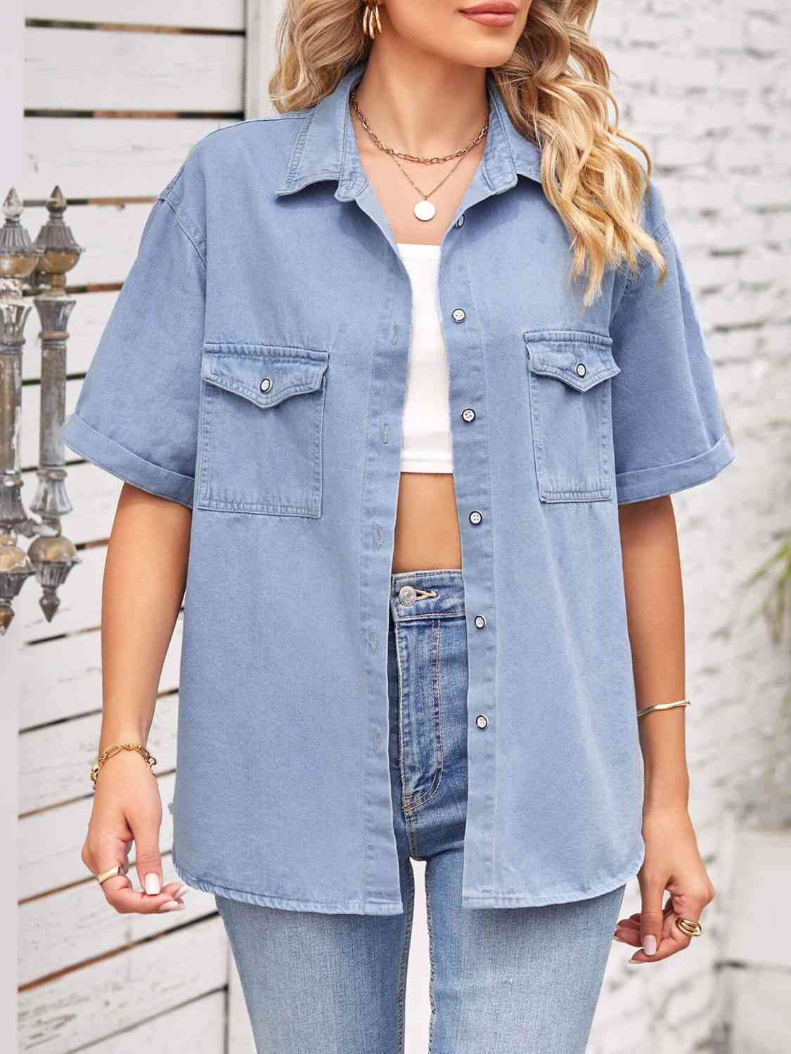 Collared Neck Short Sleeve Denim Jacket - TRENDMELO