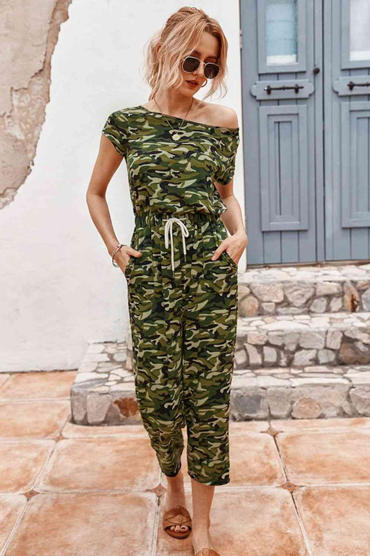 Camouflage Drawstring Crop Leg Jumpsuit - TRENDMELO