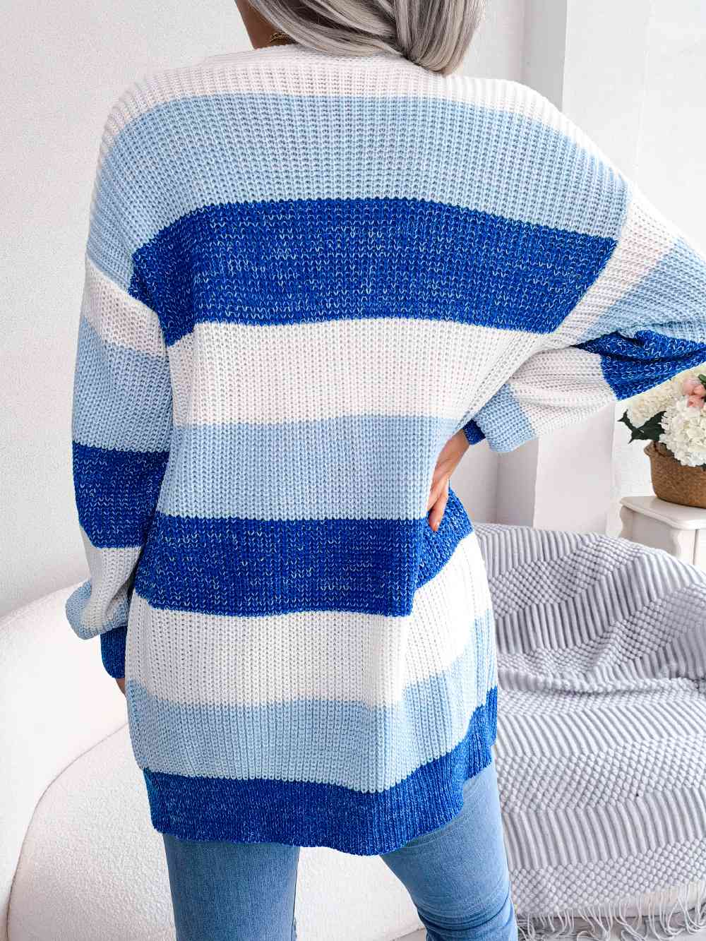 Striped Rib-Knit Open Front Longline Cardigan - TRENDMELO